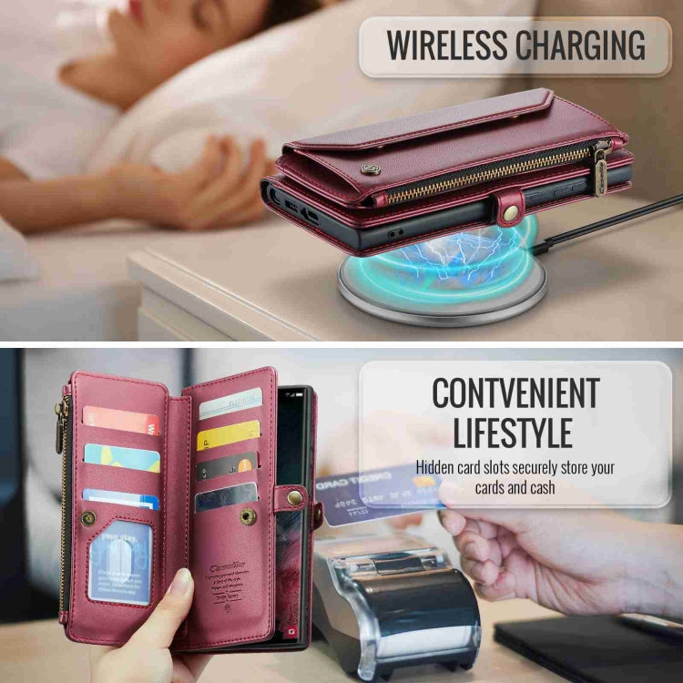 For Samsung Galaxy S22 Ultra 5G CaseMe C36 Card Slots Zipper Wallet RFID Anti-theft Leather Phone Case(Wine Red) - free shipping - PMC Jewellery - Order now!