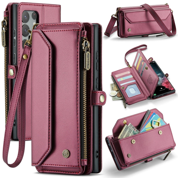 For Samsung Galaxy S22 Ultra 5G CaseMe C36 Card Slots Zipper Wallet RFID Anti-theft Leather Phone Case(Wine Red)