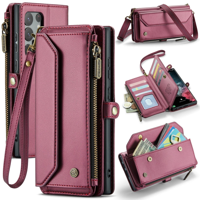 For Samsung Galaxy S22 Ultra 5G CaseMe C36 Card Slots Zipper Wallet RFID Anti-theft Leather Phone Case(Wine Red)