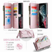 For Samsung Galaxy S22 Ultra 5G CaseMe C36 Card Slots Zipper Wallet RFID Anti-theft Leather Phone Case(Pink)