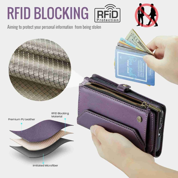 For Samsung Galaxy S22 5G CaseMe C36 Card Slots Zipper Wallet RFID Anti-theft Leather Phone Case(Purple)