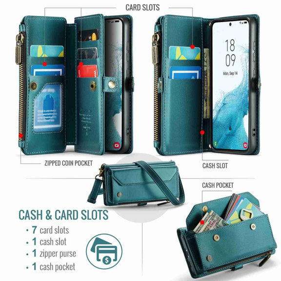 For Samsung Galaxy S22 5G CaseMe C36 Card Slots Zipper Wallet RFID Anti-theft Leather Phone Case(Blue-green)