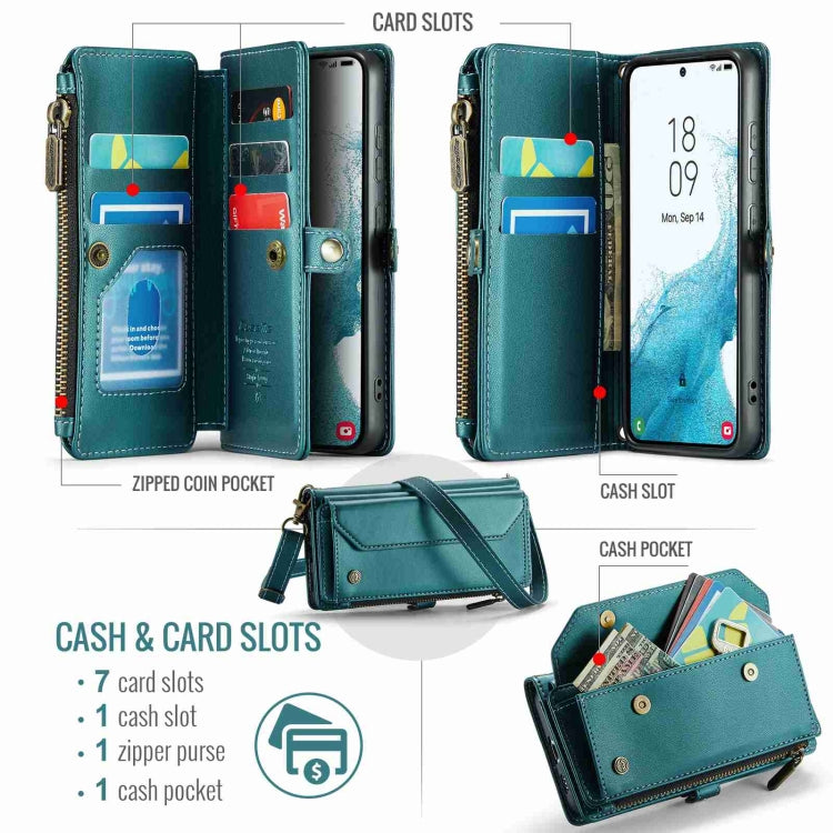 For Samsung Galaxy S22 5G CaseMe C36 Card Slots Zipper Wallet RFID Anti-theft Leather Phone Case(Blue-green)