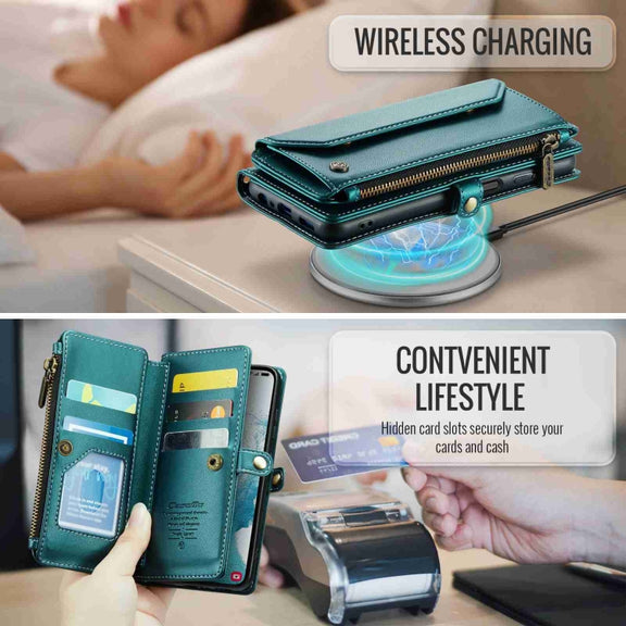 For Samsung Galaxy S22 5G CaseMe C36 Card Slots Zipper Wallet RFID Anti-theft Leather Phone Case(Blue-green)