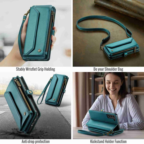For Samsung Galaxy S22 5G CaseMe C36 Card Slots Zipper Wallet RFID Anti-theft Leather Phone Case(Blue-green)