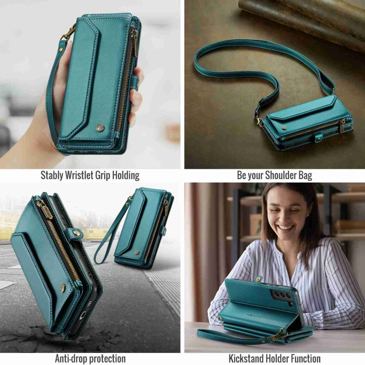 For Samsung Galaxy S22 5G CaseMe C36 Card Slots Zipper Wallet RFID Anti-theft Leather Phone Case(Blue-green)
