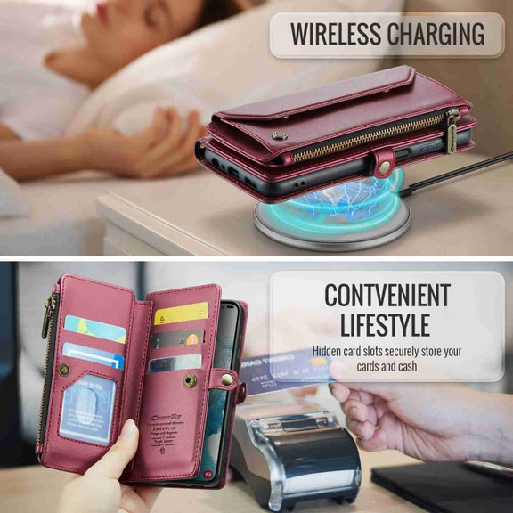 For Samsung Galaxy S22 5G CaseMe C36 Card Slots Zipper Wallet RFID Anti-theft Leather Phone Case(Wine Red)