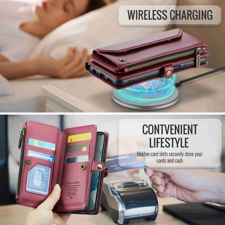 For Samsung Galaxy S22 5G CaseMe C36 Card Slots Zipper Wallet RFID Anti-theft Leather Phone Case(Wine Red)