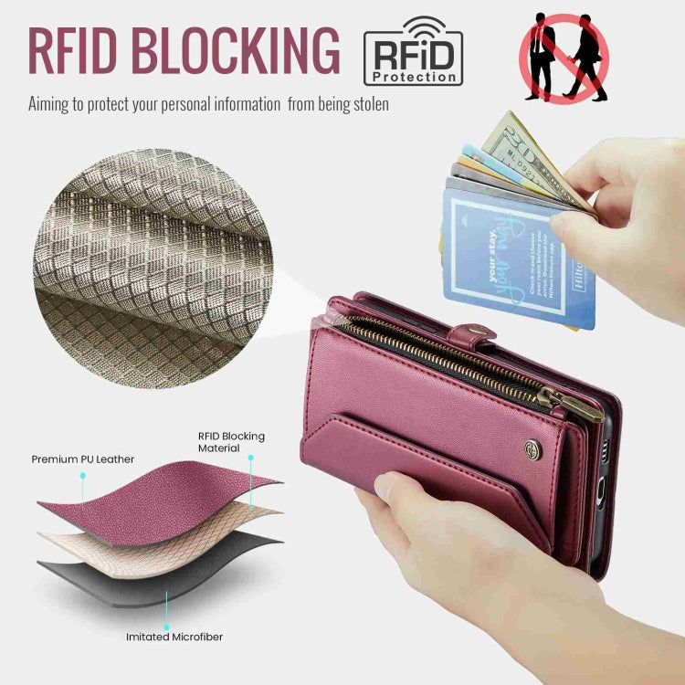 For Samsung Galaxy S22 5G CaseMe C36 Card Slots Zipper Wallet RFID Anti-theft Leather Phone Case(Wine Red) - free shipping - PMC Jewellery - Order now!