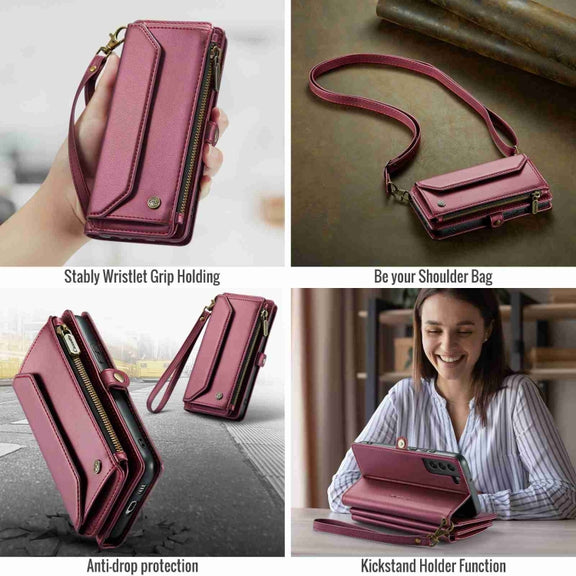 For Samsung Galaxy S22 5G CaseMe C36 Card Slots Zipper Wallet RFID Anti-theft Leather Phone Case(Wine Red)