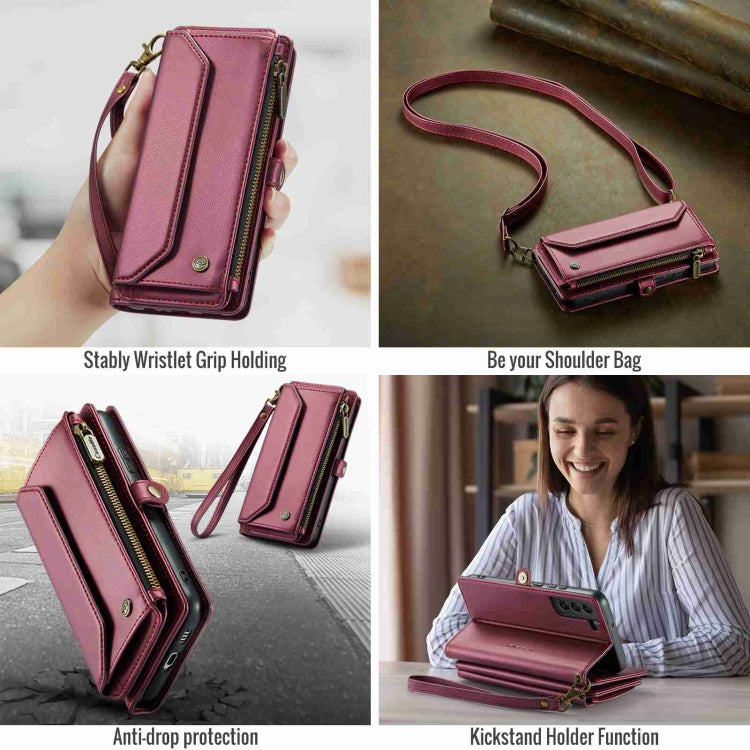 For Samsung Galaxy S22 5G CaseMe C36 Card Slots Zipper Wallet RFID Anti-theft Leather Phone Case(Wine Red)