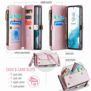 For Samsung Galaxy S22 5G CaseMe C36 Card Slots Zipper Wallet RFID Anti-theft Leather Phone Case(Pink)