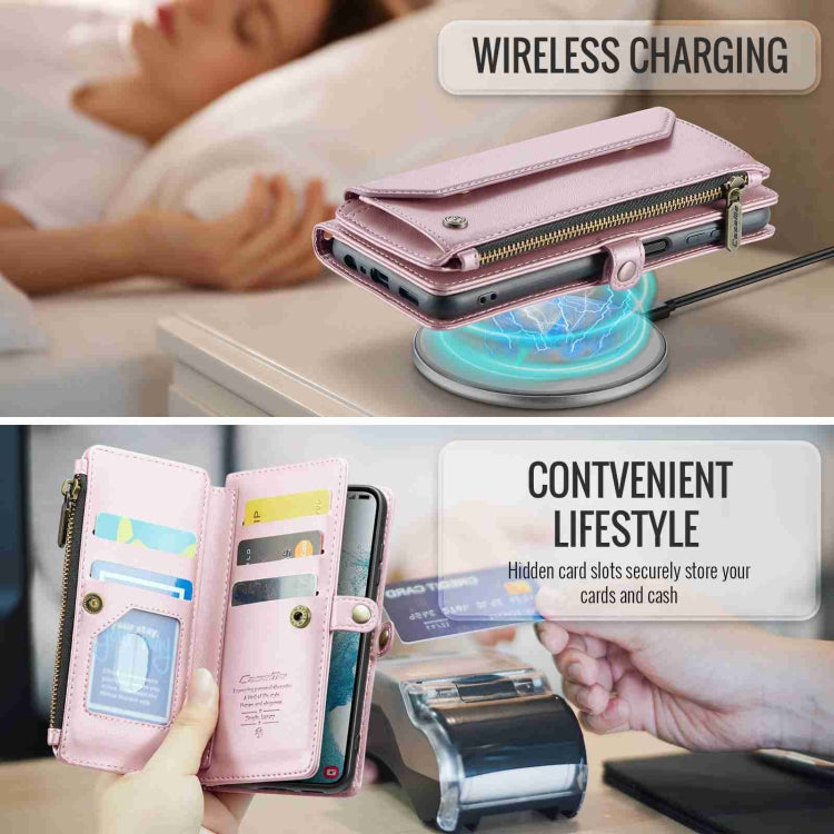 For Samsung Galaxy S22 5G CaseMe C36 Card Slots Zipper Wallet RFID Anti-theft Leather Phone Case(Pink)