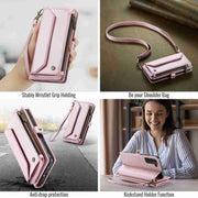 For Samsung Galaxy S22 5G CaseMe C36 Card Slots Zipper Wallet RFID Anti-theft Leather Phone Case(Pink)