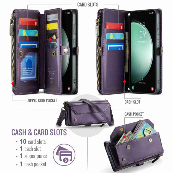 For Samsung Galaxy S23 FE 5G CaseMe C36 Card Slots Zipper Wallet RFID Anti-theft Leather Phone Case(Purple)