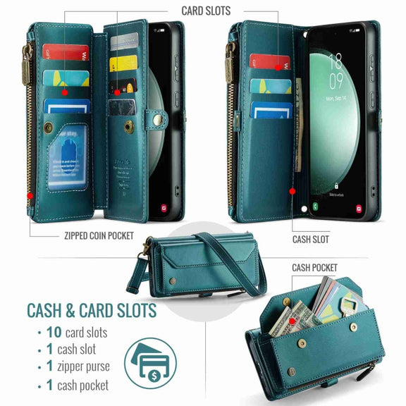 For Samsung Galaxy S23 FE 5G CaseMe C36 Card Slots Zipper Wallet RFID Anti-theft Leather Phone Case(Blue-green)
