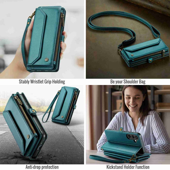 For Samsung Galaxy S23 FE 5G CaseMe C36 Card Slots Zipper Wallet RFID Anti-theft Leather Phone Case(Blue-green)