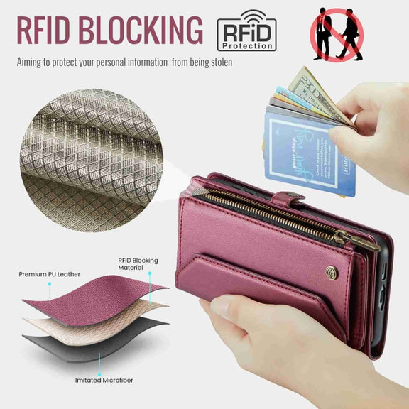 For Samsung Galaxy S23 FE 5G CaseMe C36 Card Slots Zipper Wallet RFID Anti-theft Leather Phone Case(Wine Red)