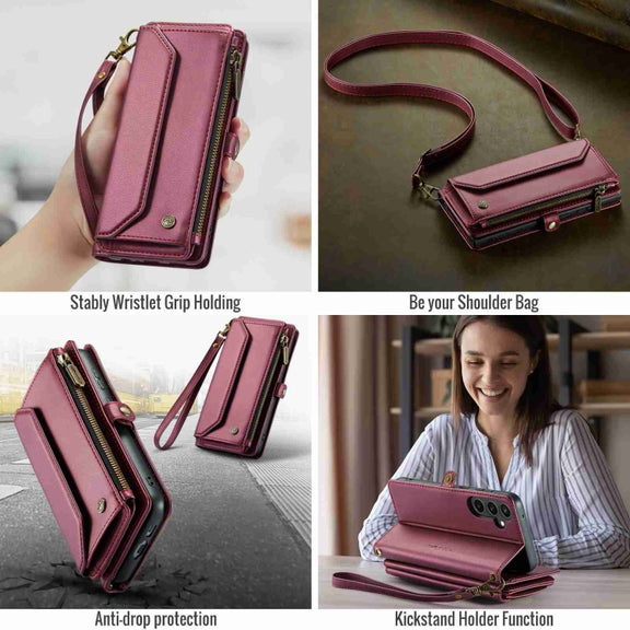 For Samsung Galaxy S23 FE 5G CaseMe C36 Card Slots Zipper Wallet RFID Anti-theft Leather Phone Case(Wine Red)