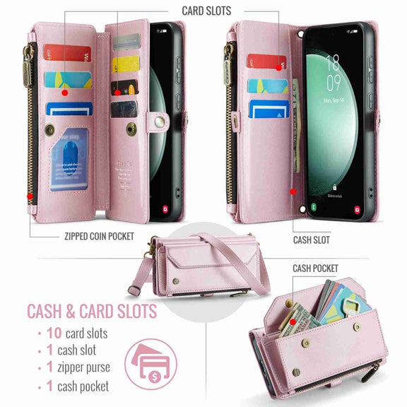 For Samsung Galaxy S23 FE 5G CaseMe C36 Card Slots Zipper Wallet RFID Anti-theft Leather Phone Case(Pink)
