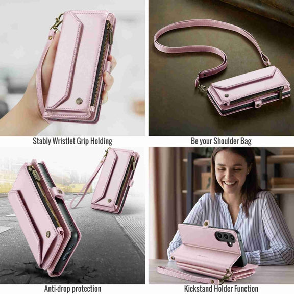For Samsung Galaxy S23 FE 5G CaseMe C36 Card Slots Zipper Wallet RFID Anti-theft Leather Phone Case(Pink)