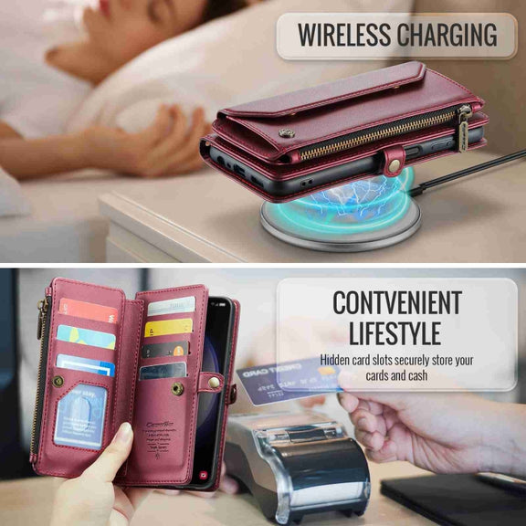 For Samsung Galaxy S23+ 5G CaseMe C36 Card Slots Zipper Wallet RFID Anti-theft Leather Phone Case(Wine Red)