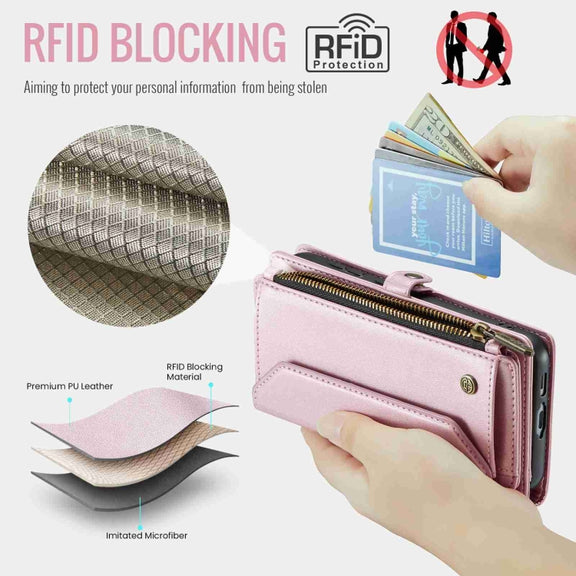 For Samsung Galaxy S23+ 5G CaseMe C36 Card Slots Zipper Wallet RFID Anti-theft Leather Phone Case(Pink)