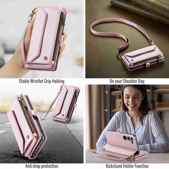 For Samsung Galaxy S23+ 5G CaseMe C36 Card Slots Zipper Wallet RFID Anti-theft Leather Phone Case(Pink)
