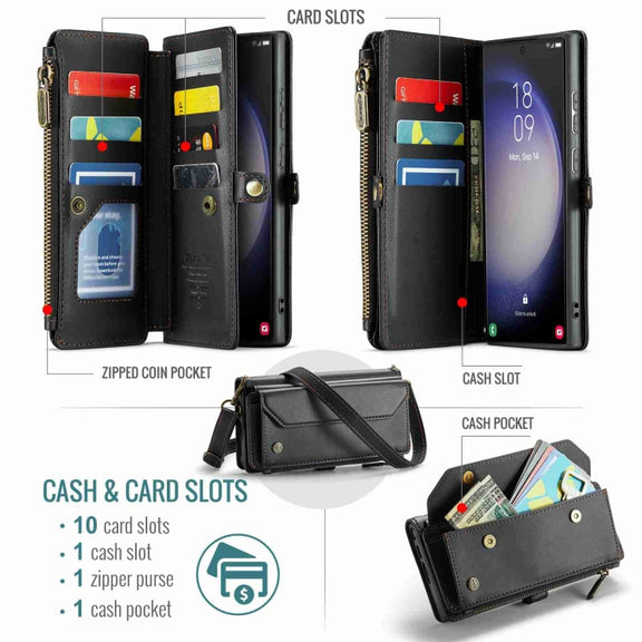 For Samsung Galaxy S23 Ultra 5G CaseMe C36 Card Slots Zipper Wallet RFID Anti-theft Leather Phone Case(Black)