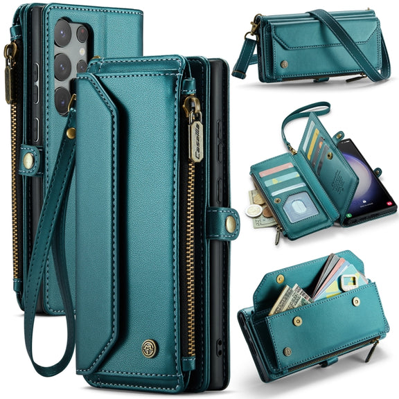 For Samsung Galaxy S23 Ultra 5G CaseMe C36 Card Slots Zipper Wallet RFID Anti-theft Leather Phone Case(Blue-green)