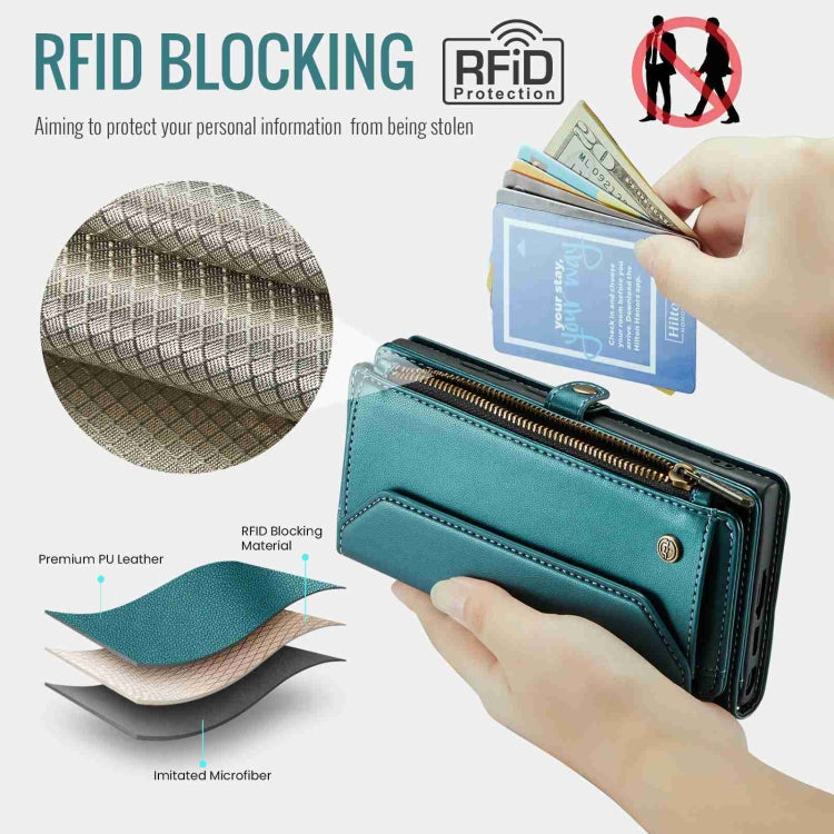 For Samsung Galaxy S23 Ultra 5G CaseMe C36 Card Slots Zipper Wallet RFID Anti-theft Leather Phone Case(Blue-green)