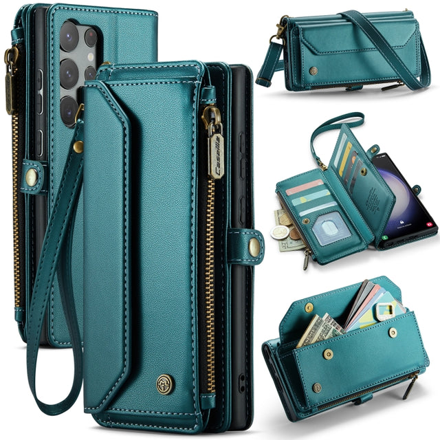 For Samsung Galaxy S23 Ultra 5G CaseMe C36 Card Slots Zipper Wallet RFID Anti-theft Leather Phone Case(Blue-green)