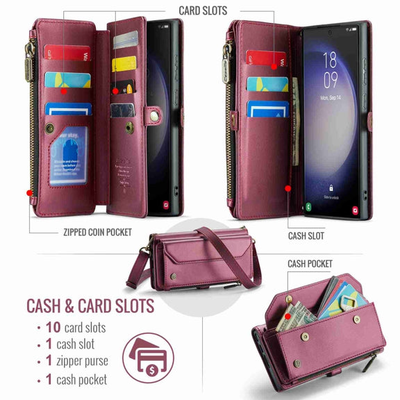 For Samsung Galaxy S23 Ultra 5G CaseMe C36 Card Slots Zipper Wallet RFID Anti-theft Leather Phone Case(Wine Red)