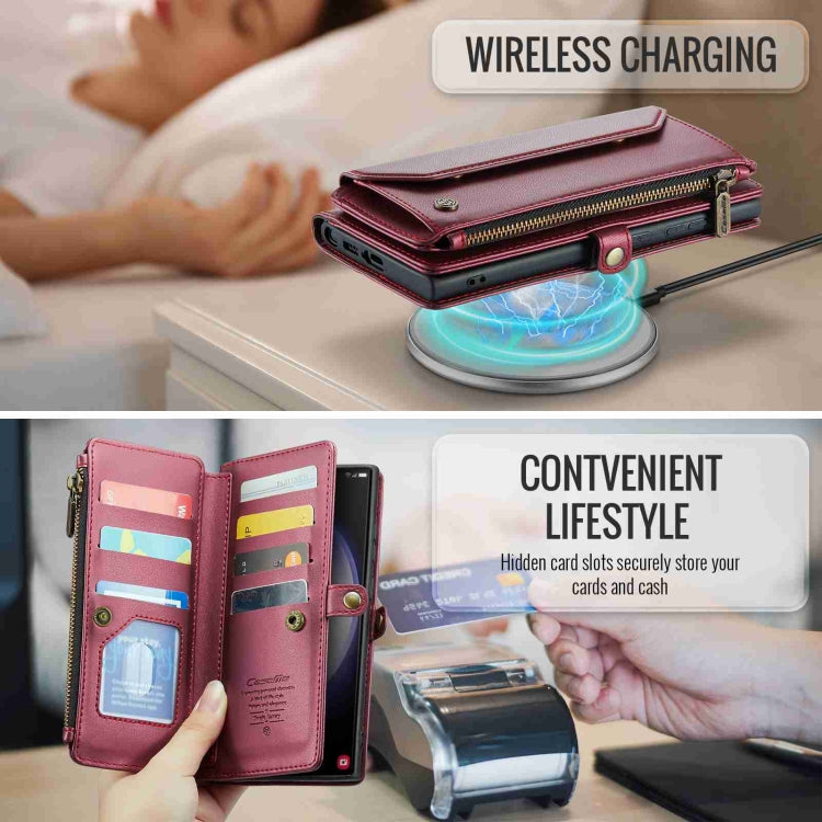 For Samsung Galaxy S23 Ultra 5G CaseMe C36 Card Slots Zipper Wallet RFID Anti-theft Leather Phone Case(Wine Red)