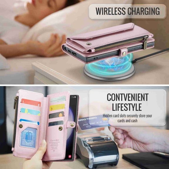 For Samsung Galaxy S23 Ultra 5G CaseMe C36 Card Slots Zipper Wallet RFID Anti-theft Leather Phone Case(Pink)