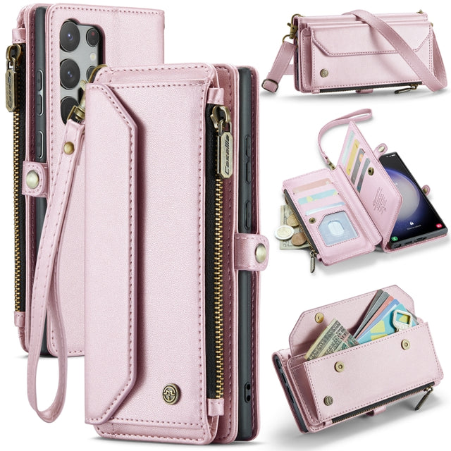 For Samsung Galaxy S23 Ultra 5G CaseMe C36 Card Slots Zipper Wallet RFID Anti-theft Leather Phone Case(Pink)