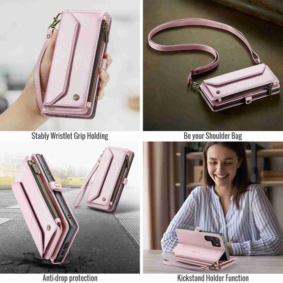 For Samsung Galaxy S23 Ultra 5G CaseMe C36 Card Slots Zipper Wallet RFID Anti-theft Leather Phone Case(Pink)
