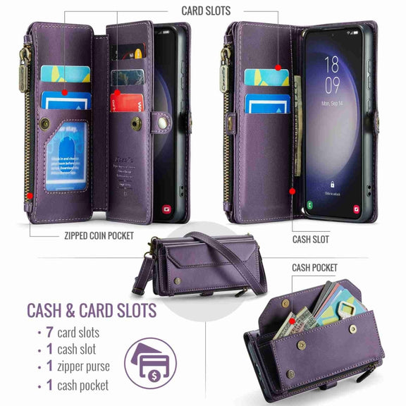 For Samsung Galaxy S23 5G CaseMe C36 Card Slots Zipper Wallet RFID Anti-theft Leather Phone Case(Purple)