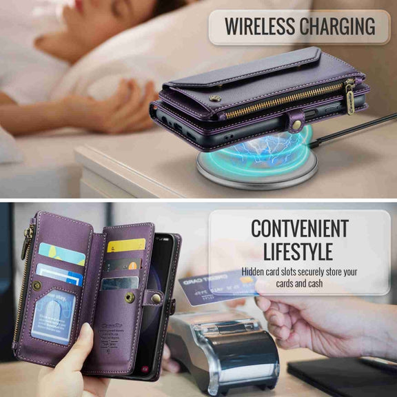 For Samsung Galaxy S23 5G CaseMe C36 Card Slots Zipper Wallet RFID Anti-theft Leather Phone Case(Purple)