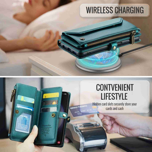 For Samsung Galaxy S23 5G CaseMe C36 Card Slots Zipper Wallet RFID Anti-theft Leather Phone Case(Blue-green)