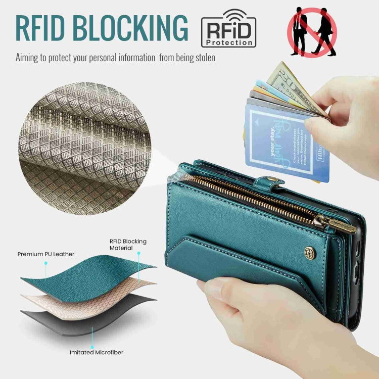 For Samsung Galaxy S23 5G CaseMe C36 Card Slots Zipper Wallet RFID Anti-theft Leather Phone Case(Blue-green)