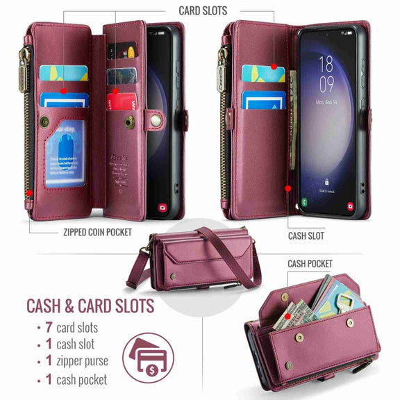 For Samsung Galaxy S23 5G CaseMe C36 Card Slots Zipper Wallet RFID Anti-theft Leather Phone Case(Wine Red)