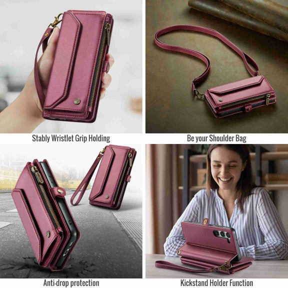 For Samsung Galaxy S23 5G CaseMe C36 Card Slots Zipper Wallet RFID Anti-theft Leather Phone Case(Wine Red)
