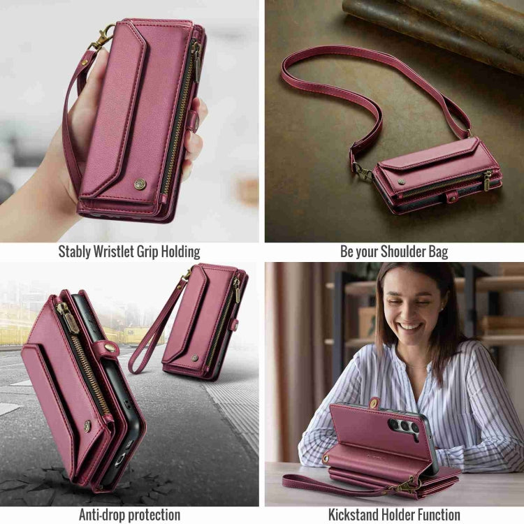 For Samsung Galaxy S23 5G CaseMe C36 Card Slots Zipper Wallet RFID Anti-theft Leather Phone Case(Wine Red)