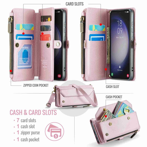 For Samsung Galaxy S23 5G CaseMe C36 Card Slots Zipper Wallet RFID Anti-theft Leather Phone Case(Pink)