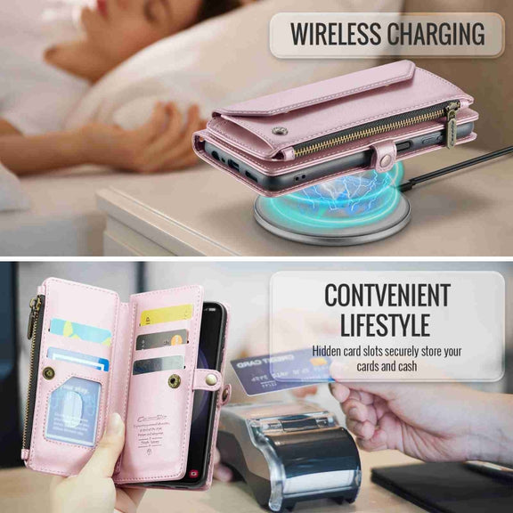 For Samsung Galaxy S23 5G CaseMe C36 Card Slots Zipper Wallet RFID Anti-theft Leather Phone Case(Pink)