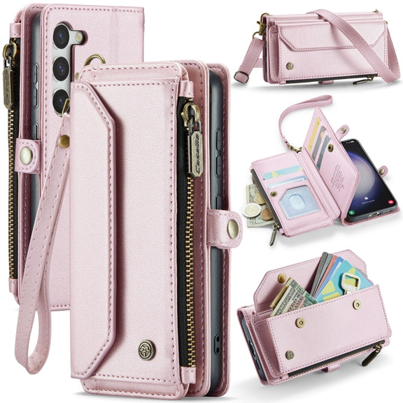 For Samsung Galaxy S23 5G CaseMe C36 Card Slots Zipper Wallet RFID Anti-theft Leather Phone Case(Pink)