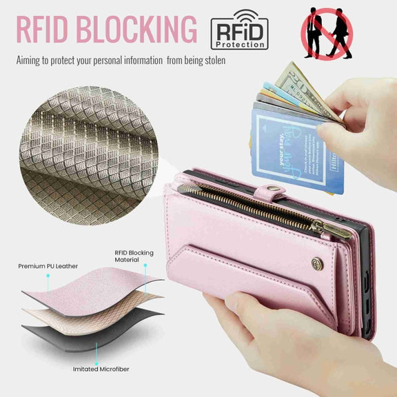 For Samsung Galaxy S24 Ultra 5G CaseMe C36 Card Slots Zipper Wallet RFID Anti-theft Leather Phone Case(Pink)