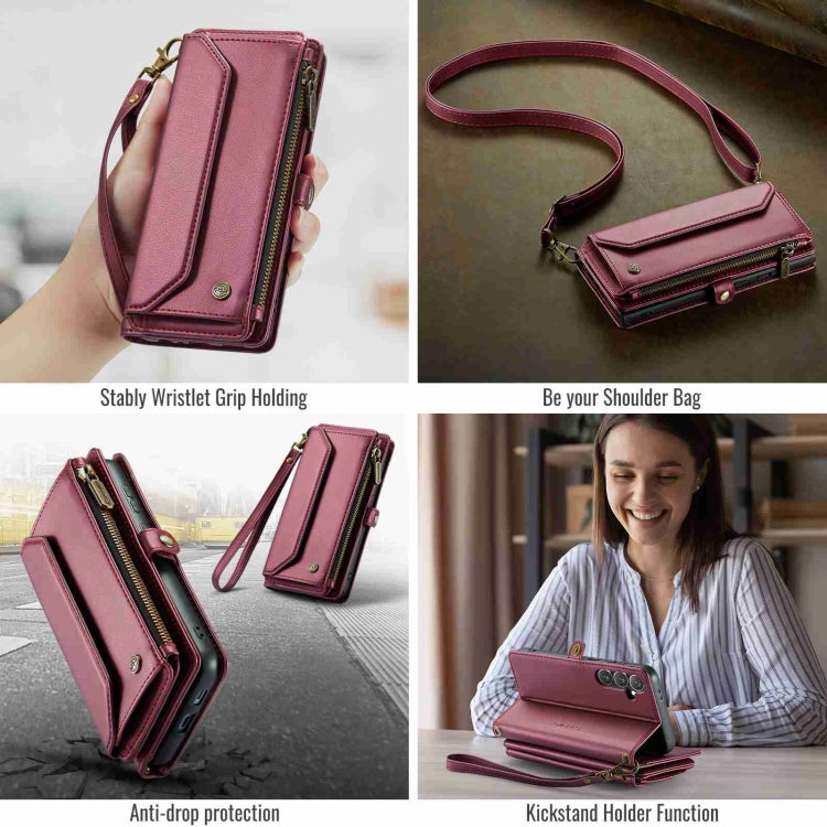 For Samsung Galaxy S24 5G CaseMe C36 Card Slots Zipper Wallet RFID Anti-theft Leather Phone Case(Wine Red)