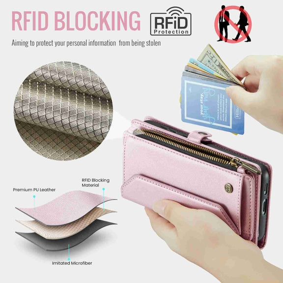 For Samsung Galaxy S24 5G CaseMe C36 Card Slots Zipper Wallet RFID Anti-theft Leather Phone Case(Pink)